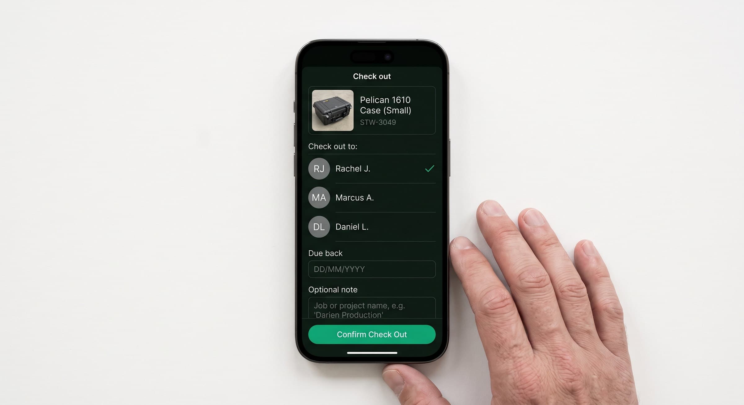 The Steward app checking an item out to a person