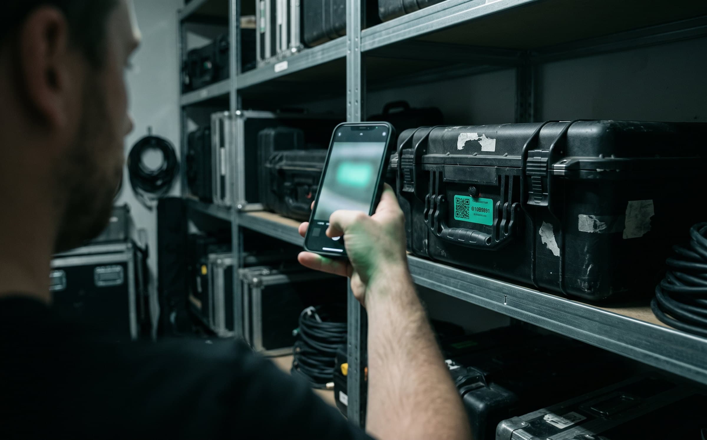 Scanning a tagged flight case in an equipment store room